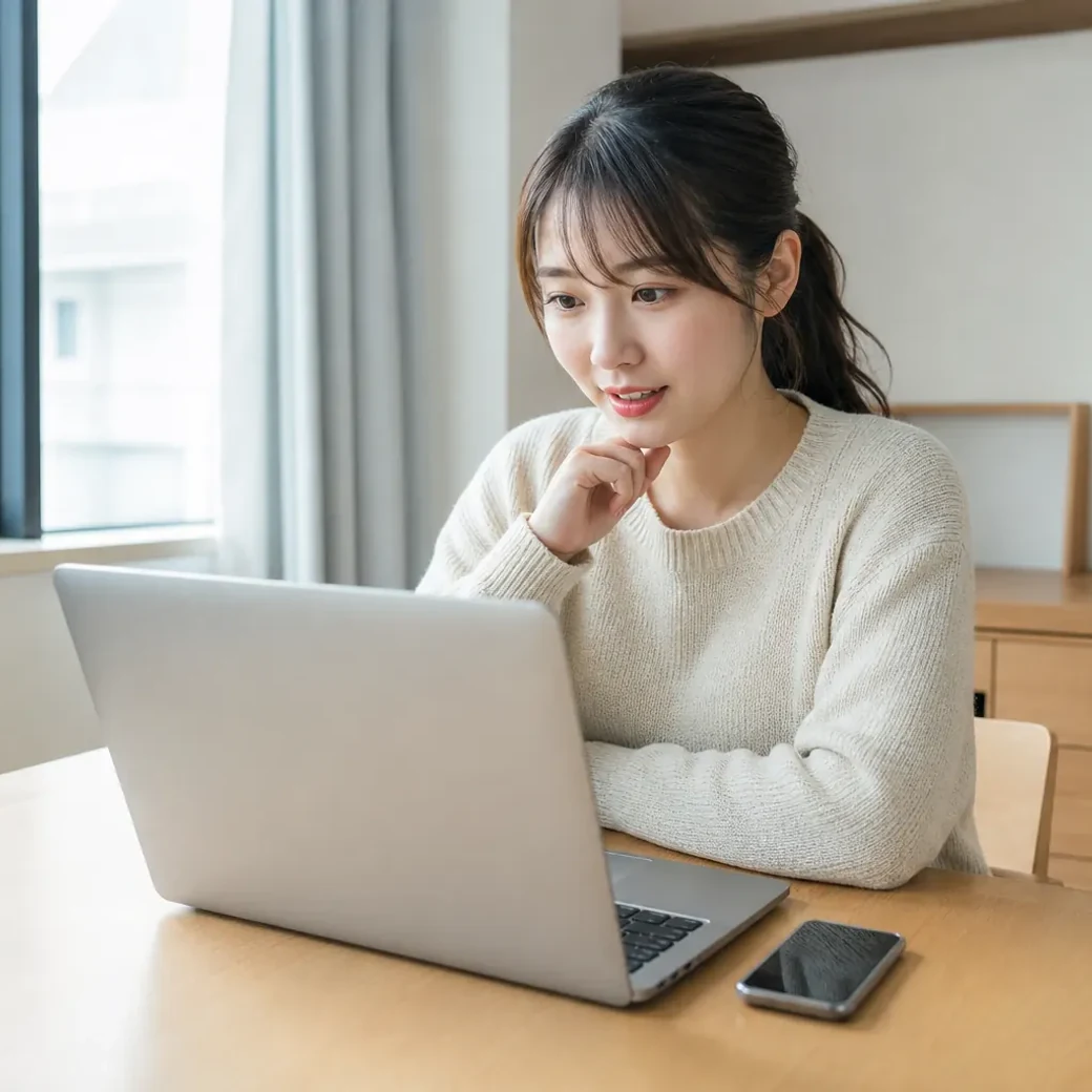 仕事帰りにオンライン面談をする20代女性