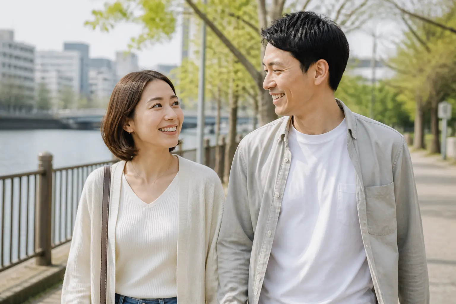 理解を深めながら歩く30代の男女