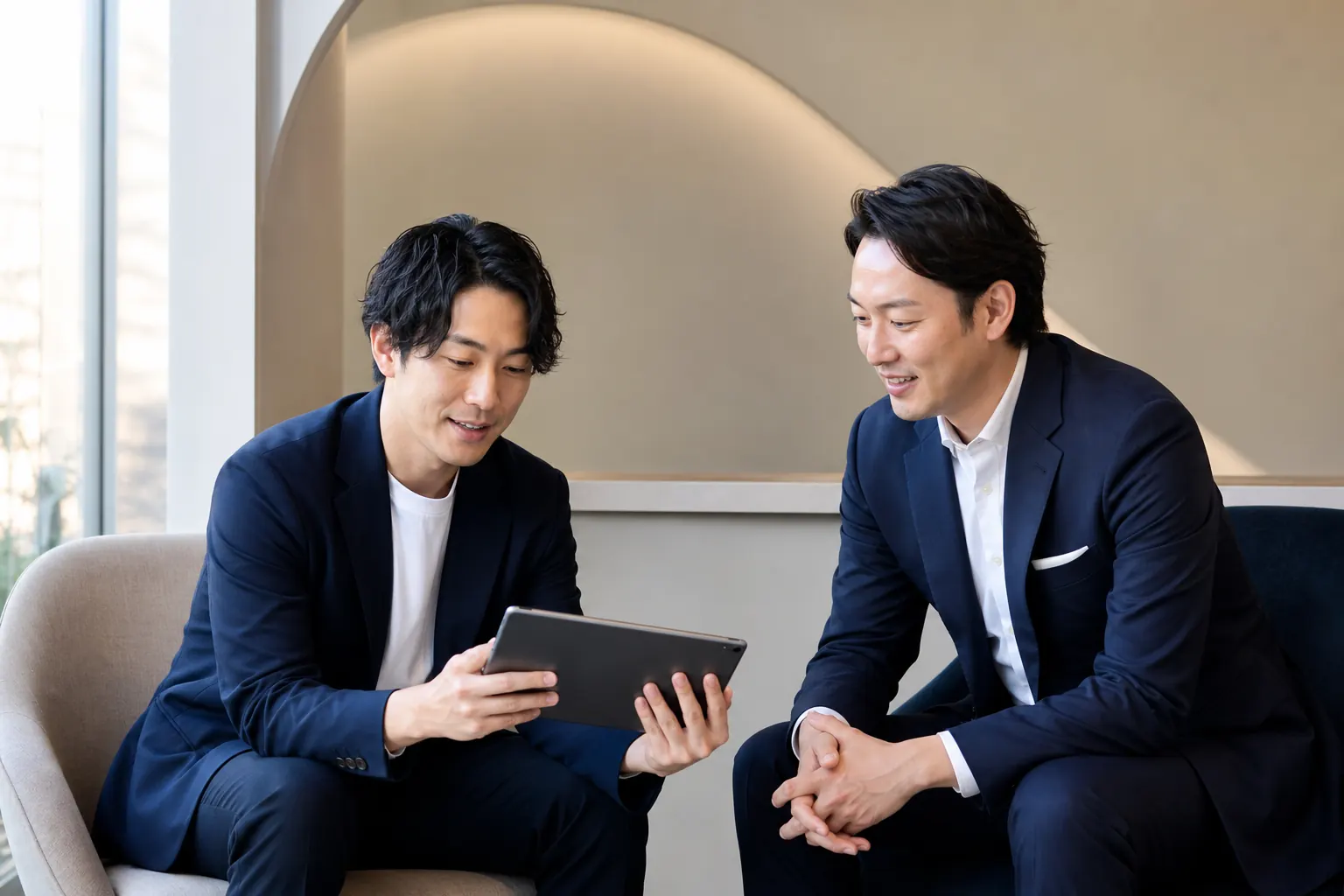 タブレットでプロフィールを確認する30代男性と担当者